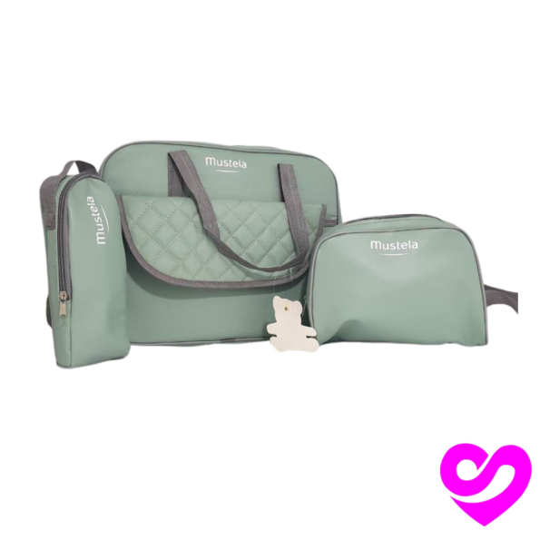 Sac vert maman mustela + trousse d’objet + cache biberon thermostat