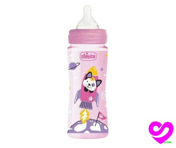 Chicco Biberon Well-Being – 330ml – Tétine silicone – Rose 4M+ (1)