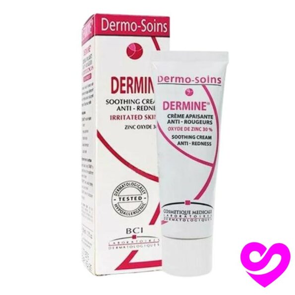 DERMO SOINS DERMINE CREME APAISSANTE ANTI ROUGEURS DERMO SOINS DERMINE CREME APAISSANTE ANTI ROUGEUR est un crème douceur apaisante contre les rougeurs à l’oxyde de Zinc 30%. DERMO SOINS DERMI